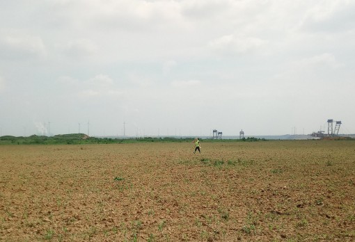 Feldbegehung: Das Foto zeigt zwei Mitarbeiter des LANU-Projektes bei der Suche nach archäologischen Artefakten auf einem weitläufigen Acker. Im Hintergrund ist der Tagebau Garzweiler II mit mehreren Schaufelradbaggern zu sehen. 