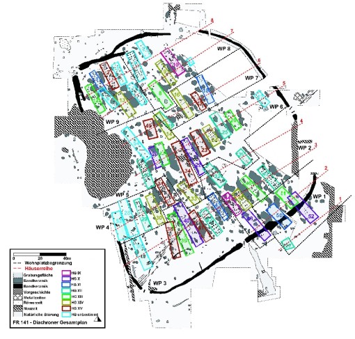 Die Grafik zeigt den Siedlungsplan von FR 141. Zu erkennen sind 54 in 8 Reihen angeordnete Hausgrundrisse mit umgebender Grabenanlage. Die unterschiedliche Datierung ist farblich abgesetzt. 9 Wohnplätze sind von einander abgetrennt.