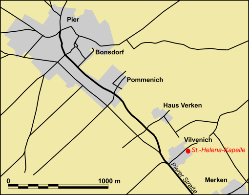 Die Abbildung zeigt eine Karte der Region zwischen Pier und Merken, auf der Vilvenich verzeichnet und die Kapelle hervorgehoben ist. Zudem ist der Verlauf der Pierer Straße gekennzeichnet.
